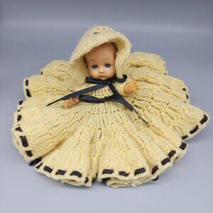 Vintage Yellow Color Flower Woolen Knit Yarn Dress with Matching Bonnet Booties
